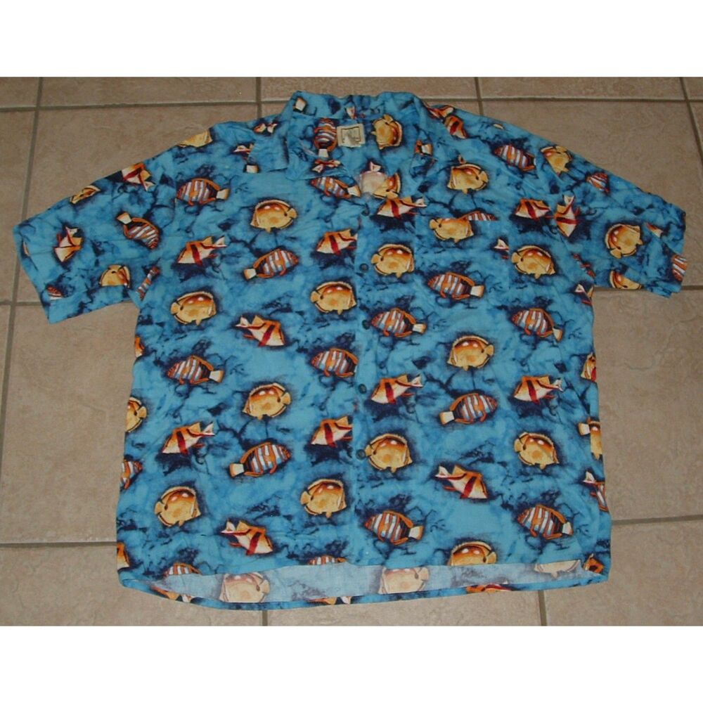 Men Sz Large Blue Tropical Fish Casual Wear Soft Rayon Button Up Shirt MORRO BAY